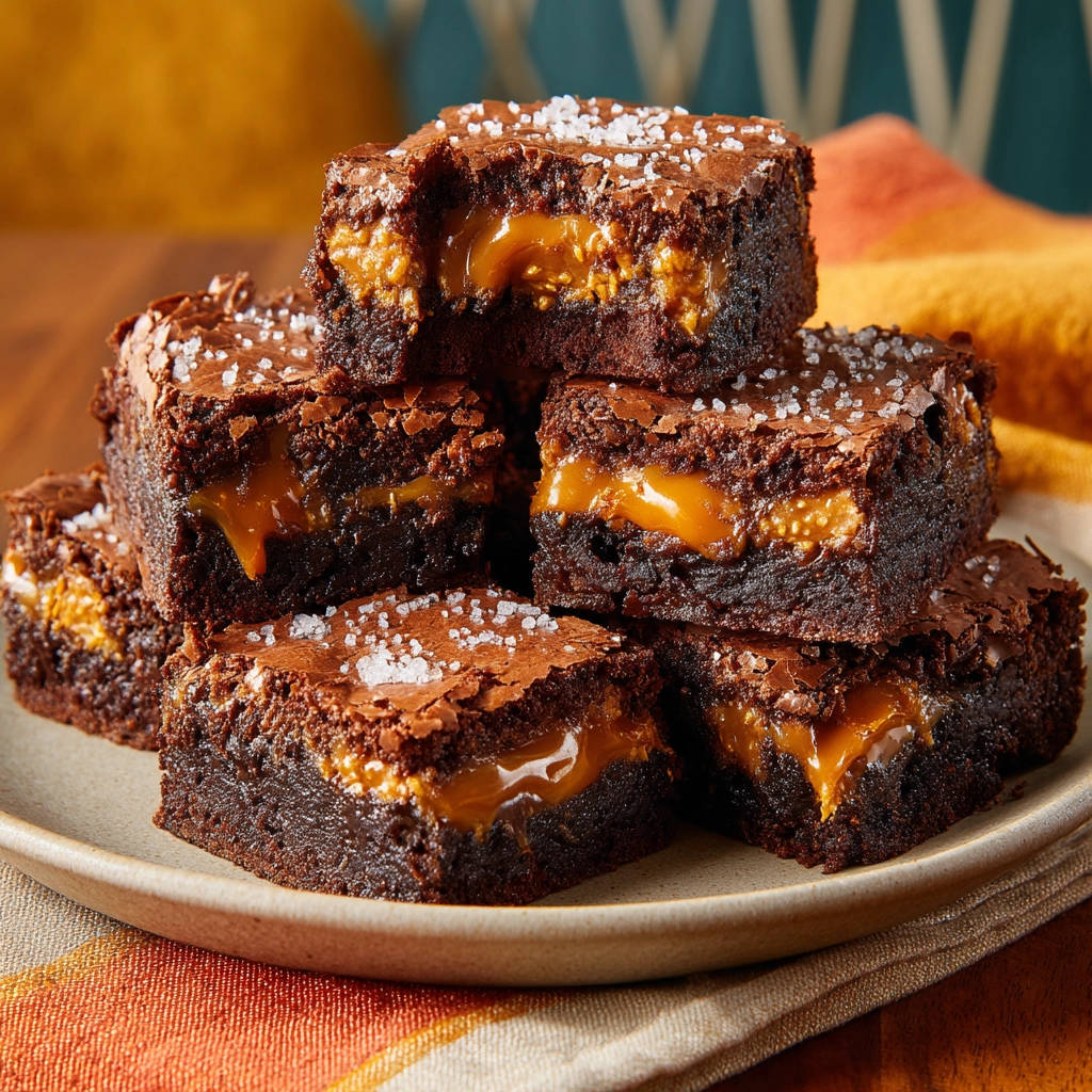 Salted caramel swirl brownies showing a gooey, molten caramel center with a bite taken out.