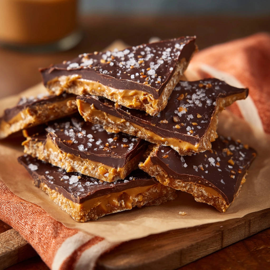 Salted chocolate peanut butter bars stacked, showing a detailed cross-section with layers of chocolate, peanut butter, and crust.