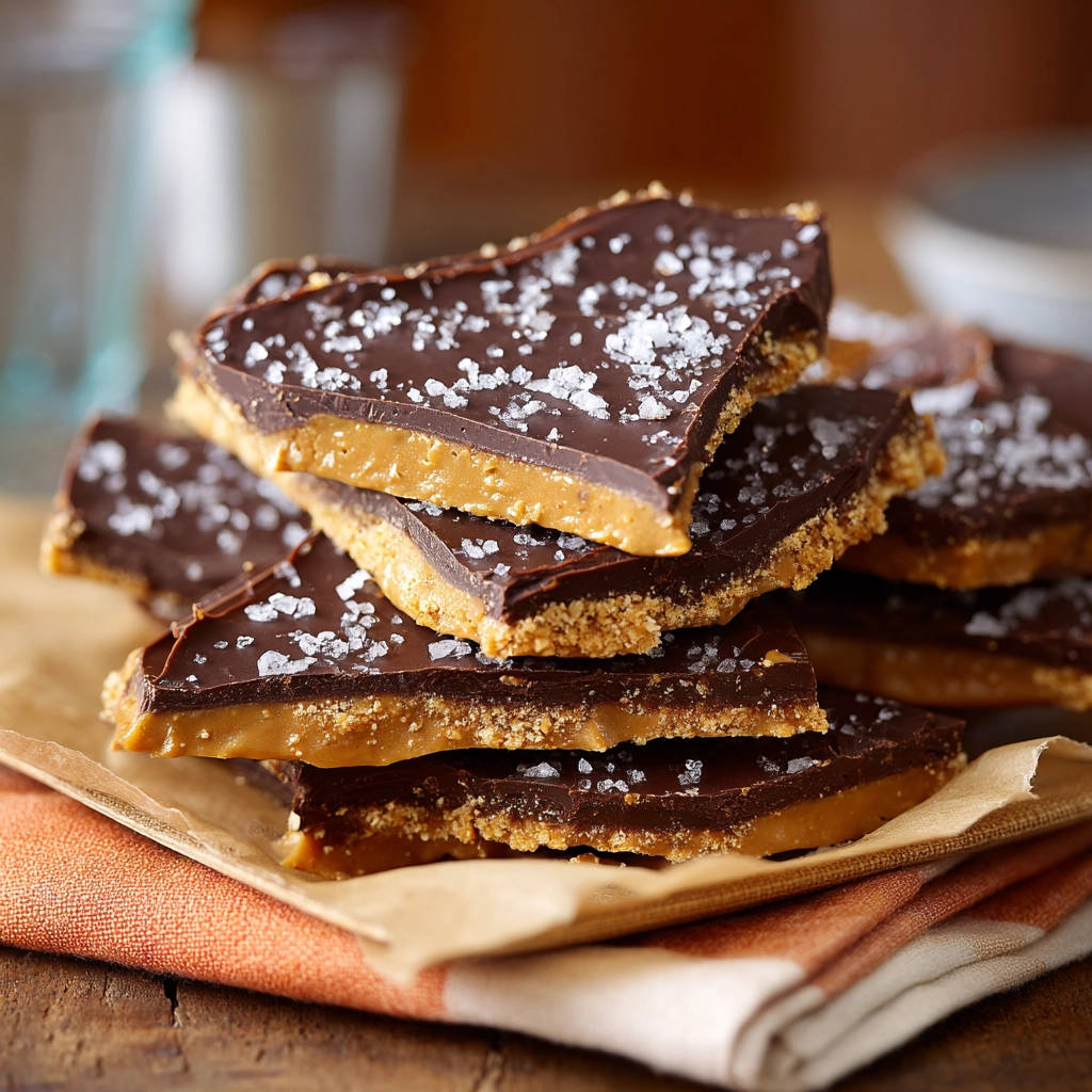 Salted chocolate peanut butter bars are stacked in a pile, showing their layered texture and flaky sea salt topping.