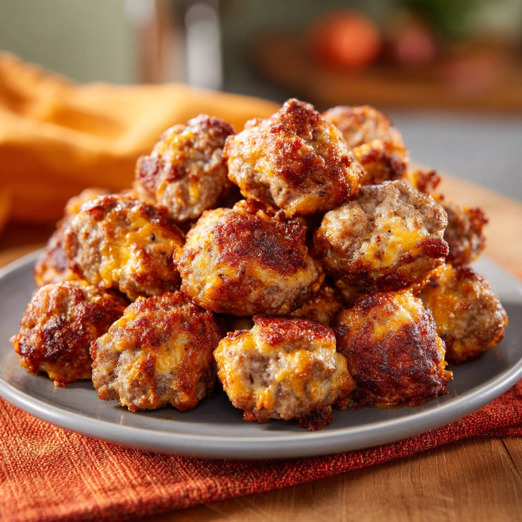 Sausage cheese balls are piled high on a grey plate with a close-up view showing their golden-brown, cheesy texture.