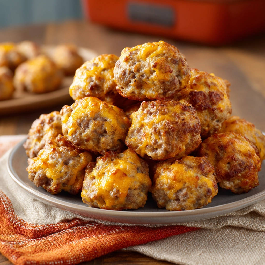 Sausage cheese balls stacked on a plate, showcasing their tender texture and melted cheddar topping.