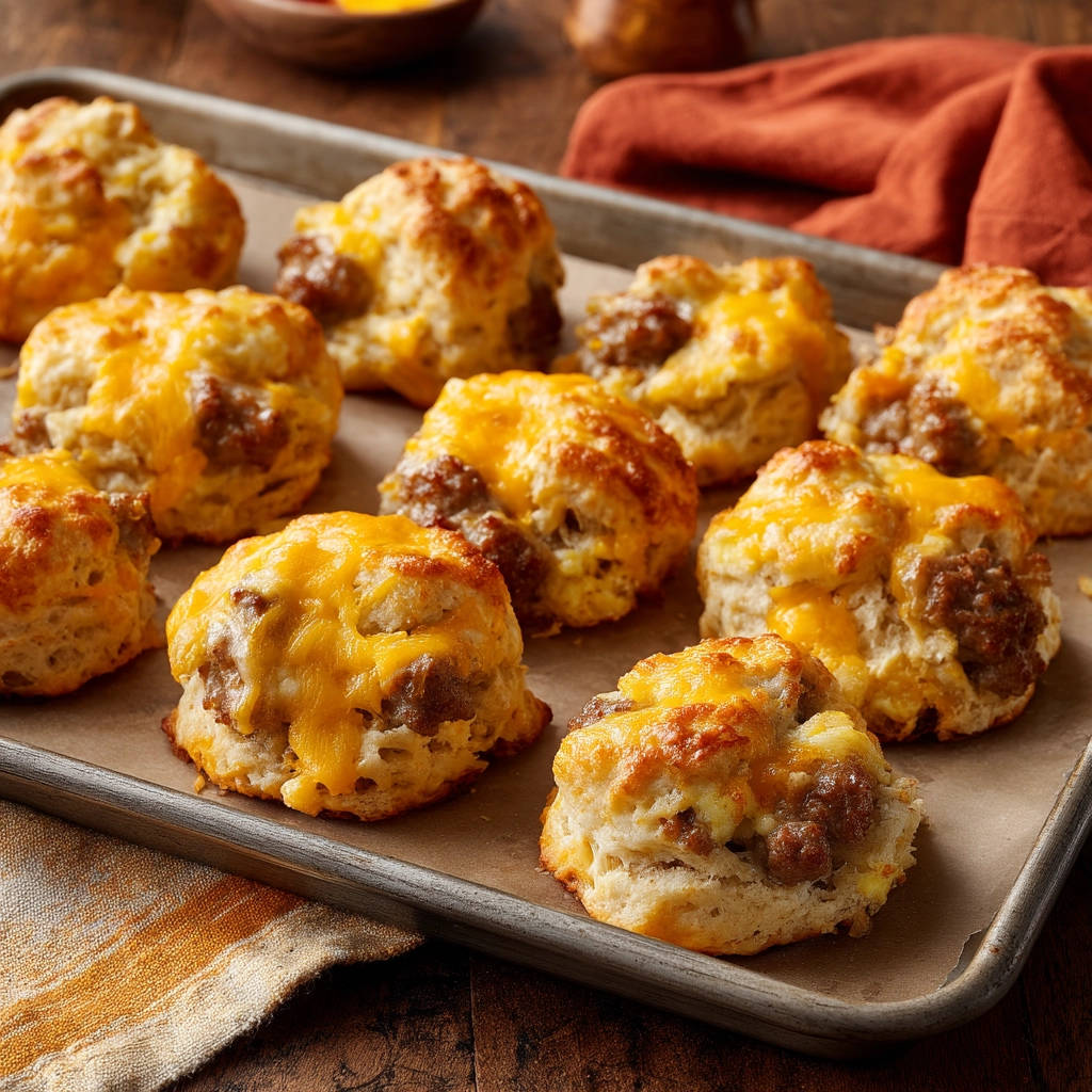 Sausage, egg & cheese breakfast sandwiches shown as a close-up of fluffy baked biscuits filled with sausage and melted cheese.
