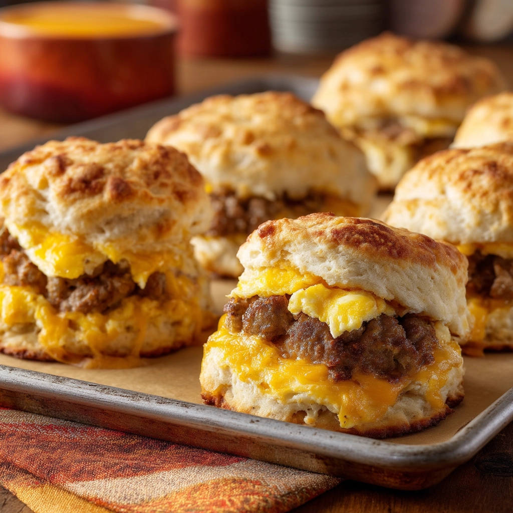 Sausage, egg & cheese breakfast sandwiches shown in a close-up cross-section revealing fluffy biscuit and melted cheese.