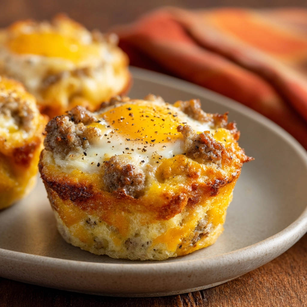 Easy Sausage, Egg, and Cheese Cups shown plated as a close-up with visible layers of sausage and melted cheese.