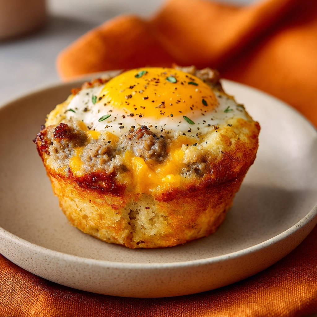Easy sausage, egg, and cheese cups shown as a single serving on a plate, with a close-up view of the golden top.