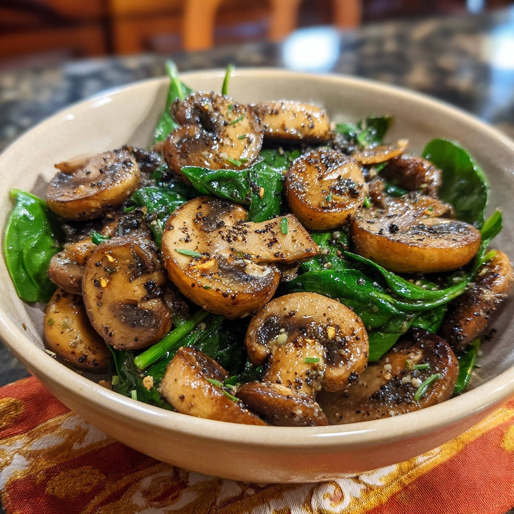 Easy sauteed mushrooms and spinach served in a close-up view of a rustic bowl.