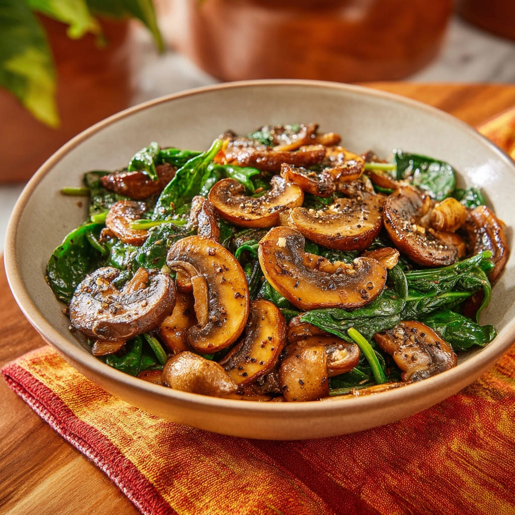 Easy sauteed mushrooms and spinach served in a rustic bowl, showcasing tender greens and savory mushroom slices.
