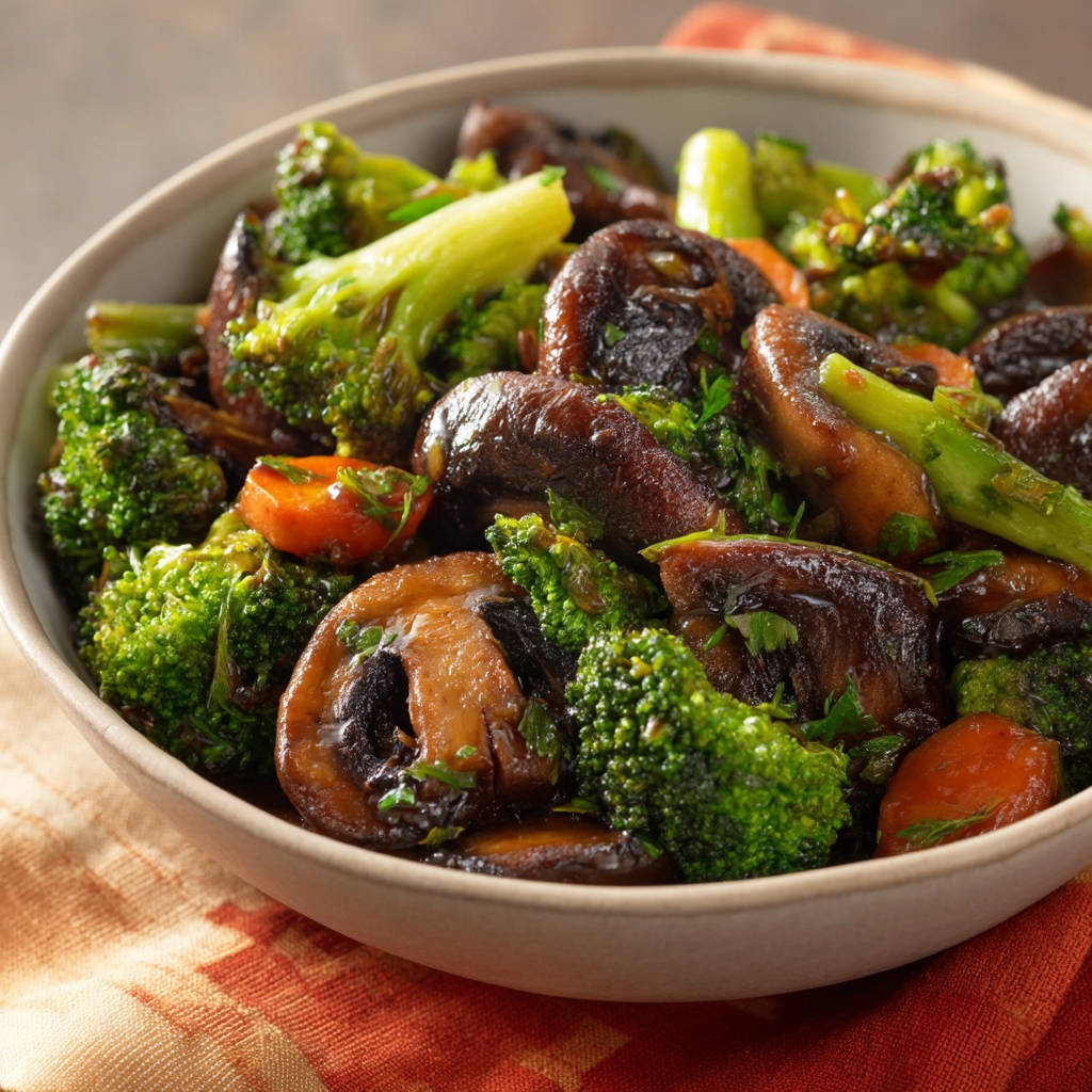 Vibrant sautéed vegetables including broccoli, mushrooms, and carrots, presented in a close-up bowl view.