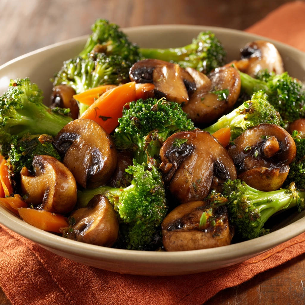 Vibrant sautéed vegetables of broccoli and mushrooms in a bowl, showcasing a close-up view of the fresh ingredients.