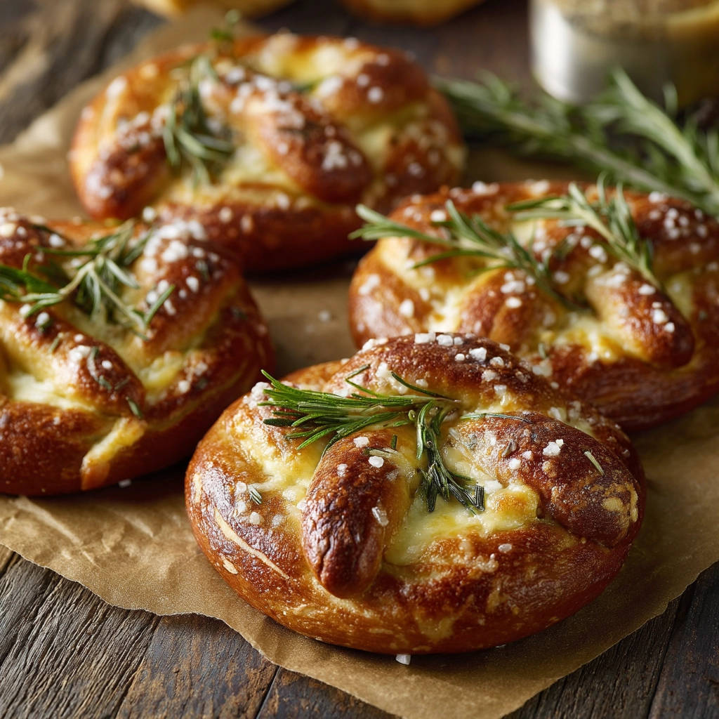 Savory cheese braids with a rosemary garnish and coarse salt sprinkled on top, shown in a close-up view.