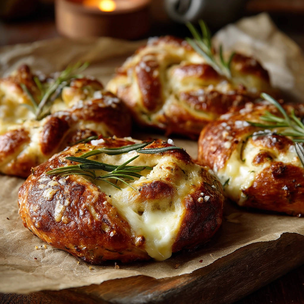 Savory cheese braids with rosemary and flaky salt, showing the gooey melted cheese inside.
