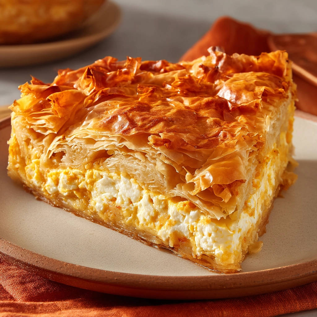 Savory cheese phyllo squares showing a flaky golden-brown top and a cheesy filling in a close-up cross-section.