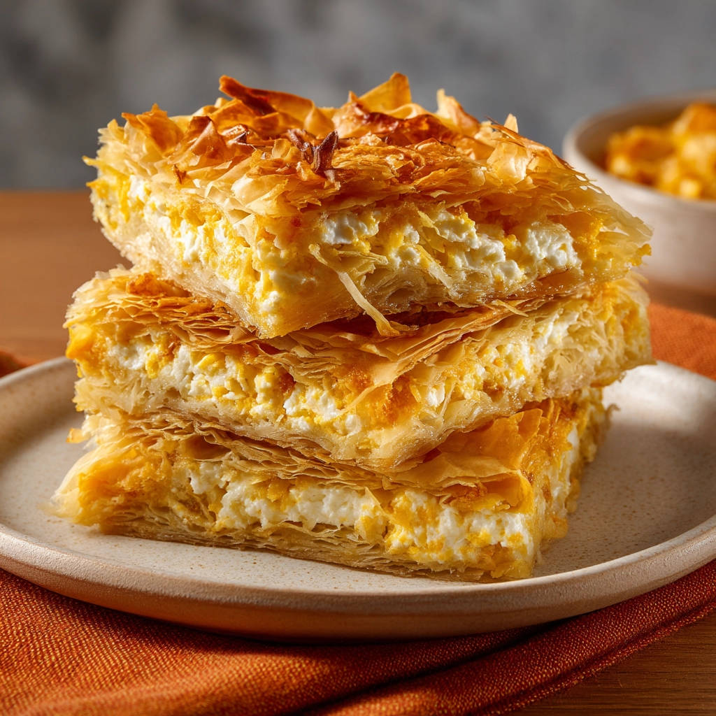 Savory cheese phyllo squares stacked to show a flaky cross-section of the cheesy filling and golden layers.