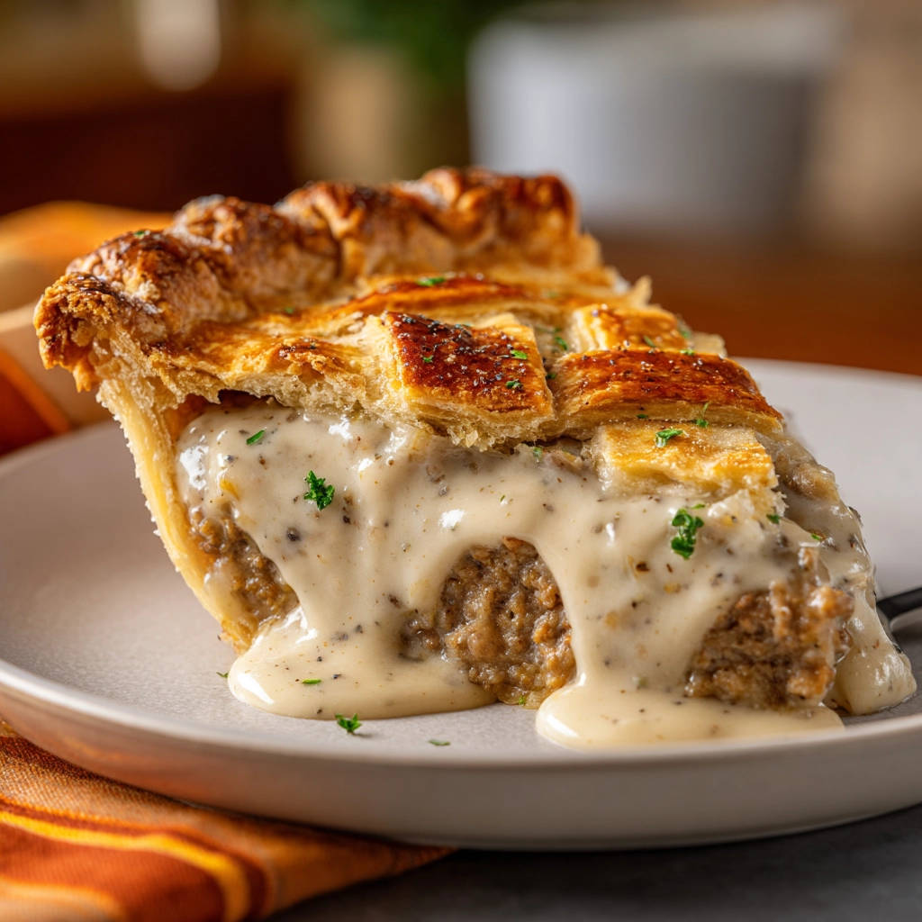 Classic savory meat pie slice showing a rich cross-section with creamy gravy generously poured over the filling.