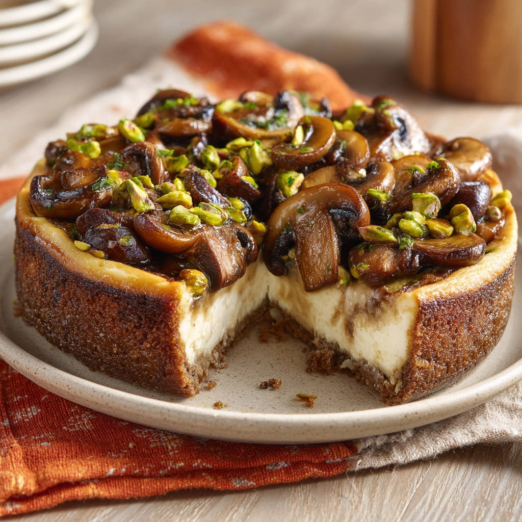Savory mushroom cheesecake showing a cross-section with a creamy interior and mushroom topping.