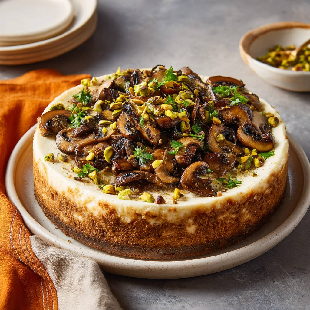 Savory mushroom cheesecake topped with chopped pistachios and fresh parsley, presented on a white plate.
