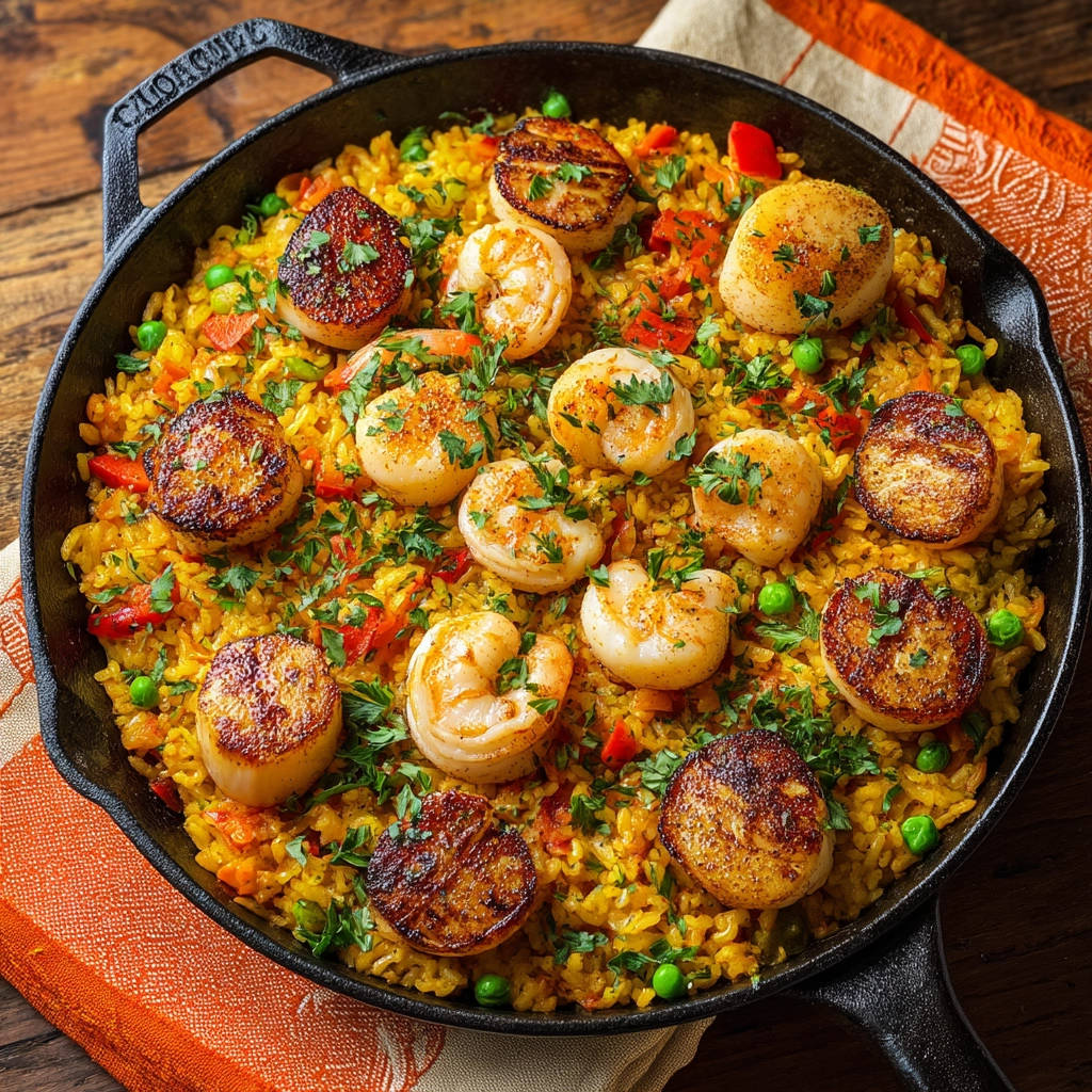Seafood rice skillet in a cast iron pan, featuring seared scallops and shrimp, a top-down view.