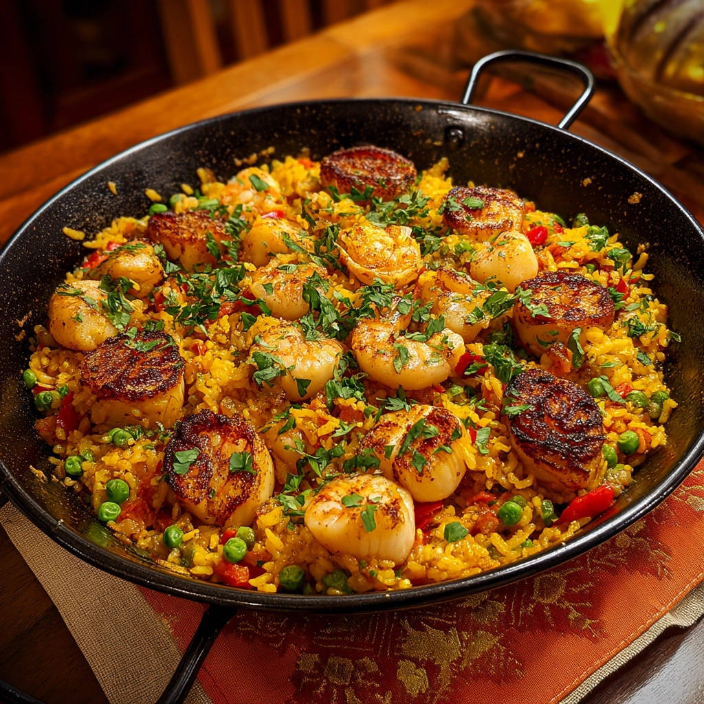 Seafood rice skillet, a flavorful dish with shrimp and scallops, presented in a paella pan and generously garnished with fresh parsley.