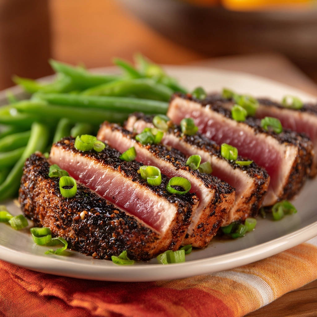 Simple seared tuna with a perfectly seared center, sliced and garnished with scallions, served alongside fresh green beans.