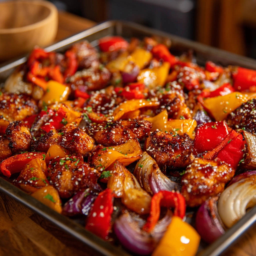 Sheet pan sticky chicken with colorful bell peppers and red onions, sprinkled with sesame seeds on a baking tray.