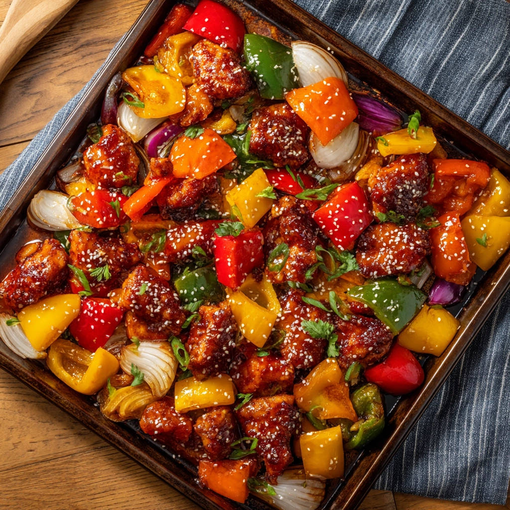 Sheet pan sticky chicken with colorful bell peppers and onions, presented in an overhead view on a baking tray.