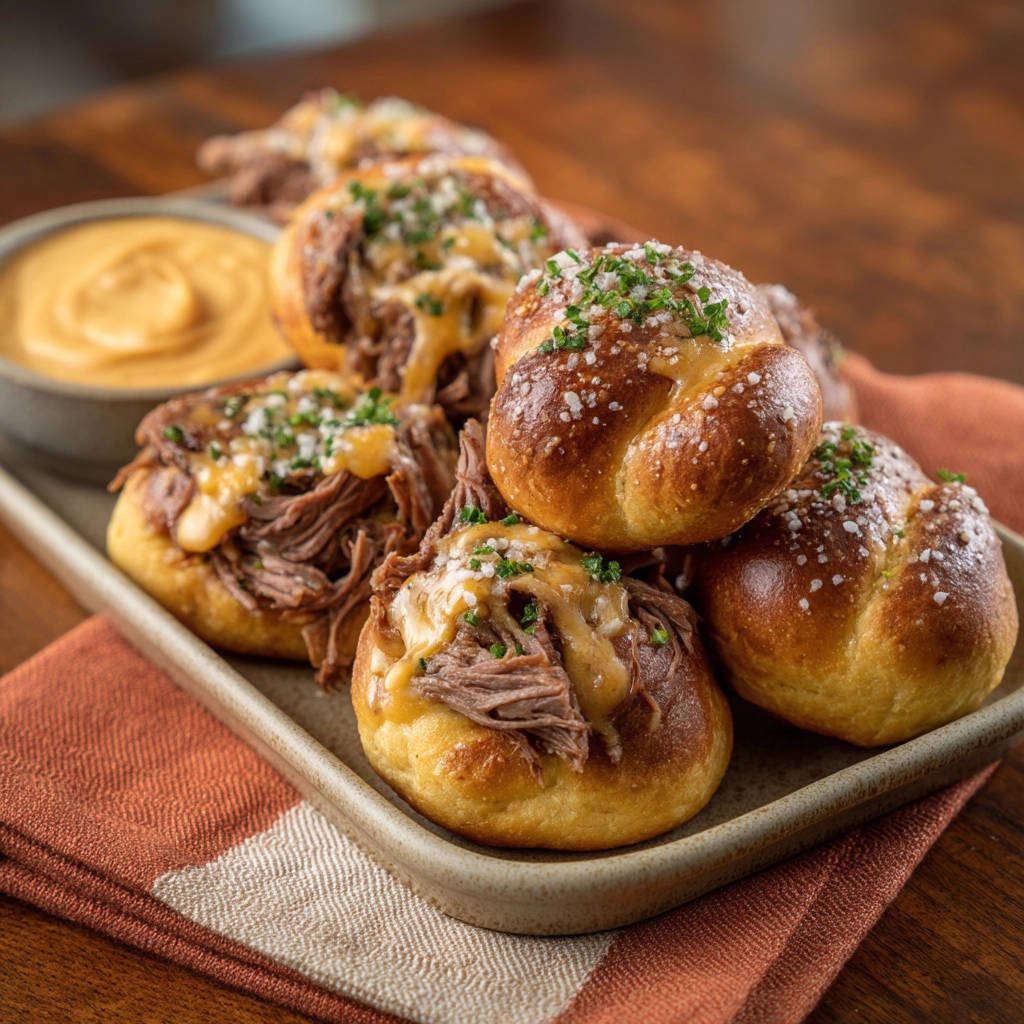 Juicy shredded beef and cheese sliders on a tray with a cheese dip, garnished with fresh herbs.