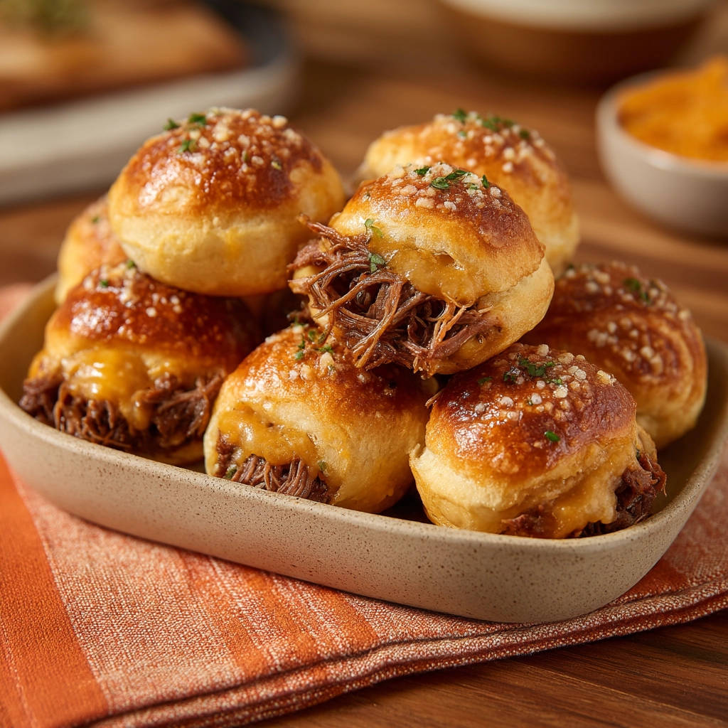 Juicy shredded beef and cheese sliders stacked in a bowl, topped with fresh herbs and garlic crumbs.