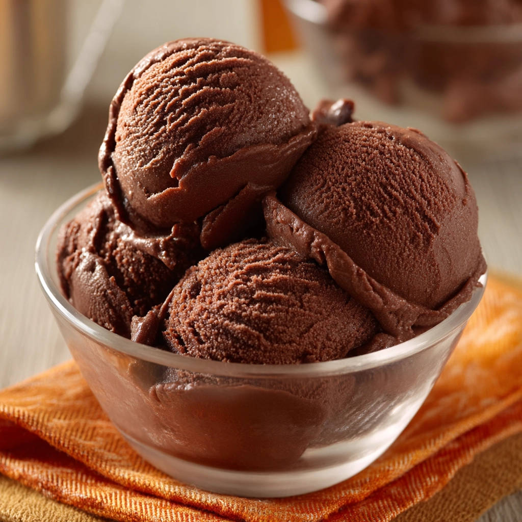 Simple homemade chocolate ice cream scoops are presented in a clear glass bowl, showcasing their rich texture.