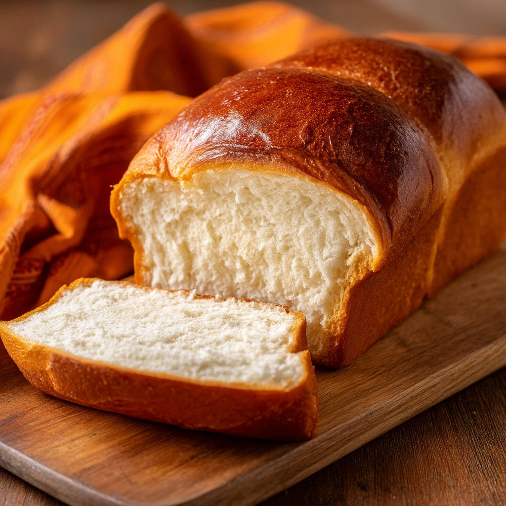 Simple sandwich bread, sliced to reveal its fluffy, white interior and golden-brown crust, resting on a wooden board.