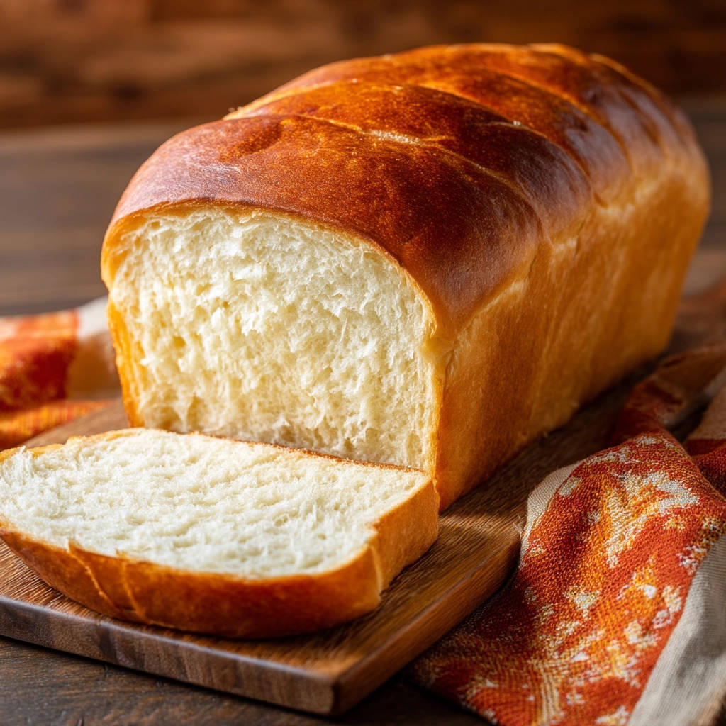 Simple sandwich bread shown as a sliced loaf with a close-up view of its fluffy interior texture.