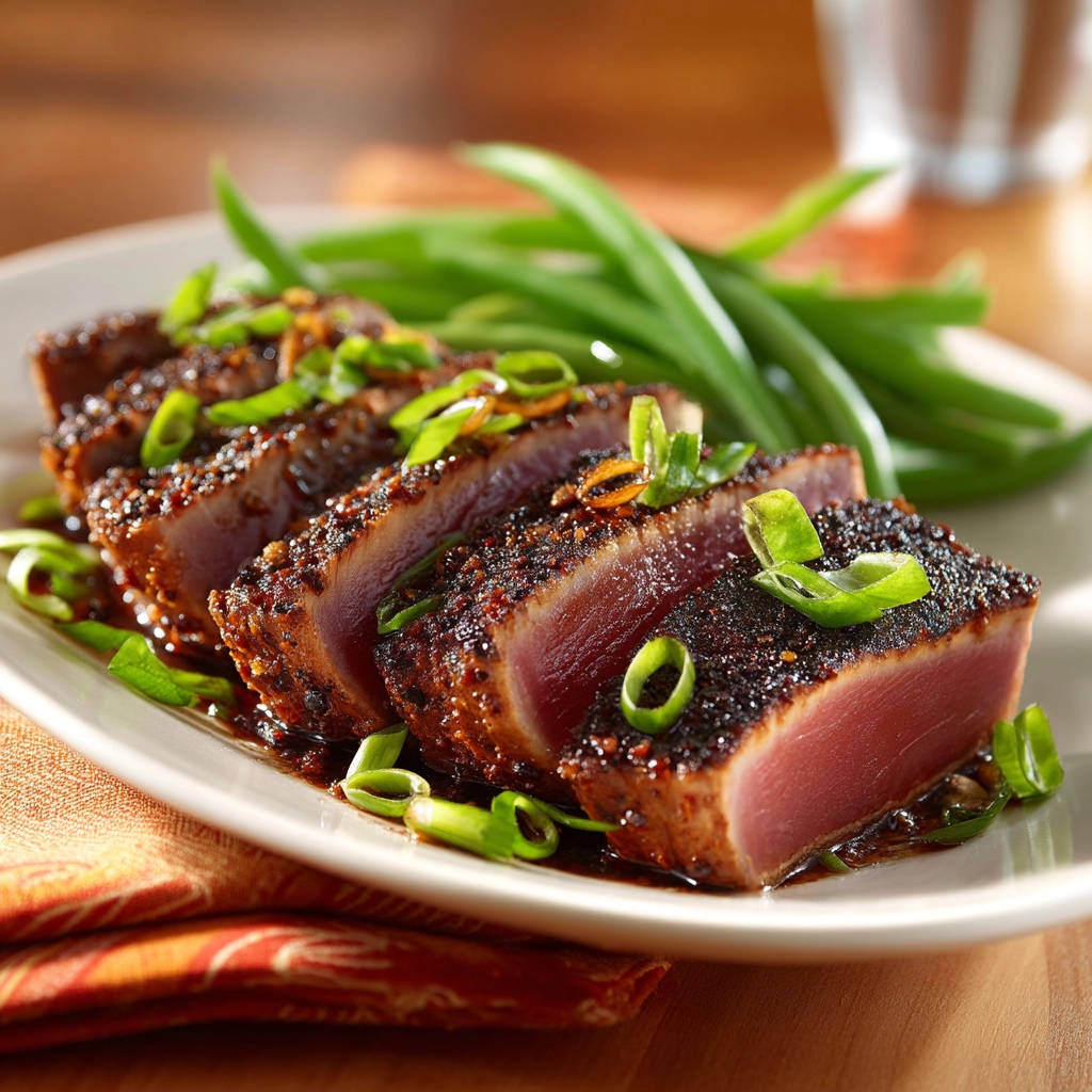 Simple seared tuna with a dark crust, sliced to reveal a red center and garnished with chopped green onions.