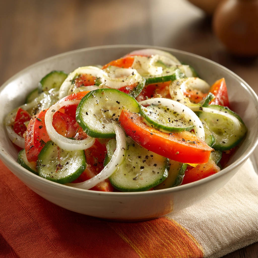 Simple summer salad in a bowl, featuring sliced cucumbers, tomatoes, and onions seasoned with pepper.