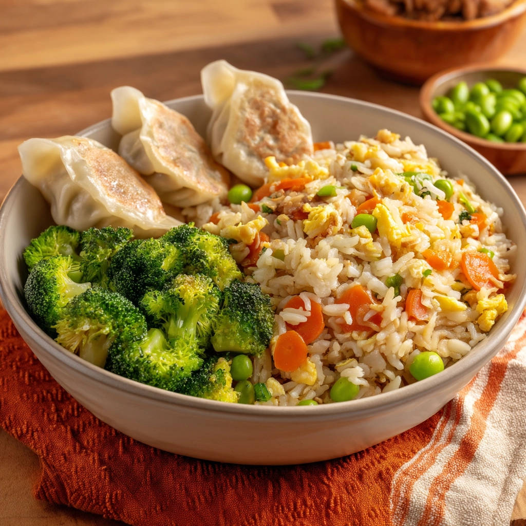 Simple veggie fried rice bowl with steamed broccoli and pan-fried dumplings shown from a slight angle.