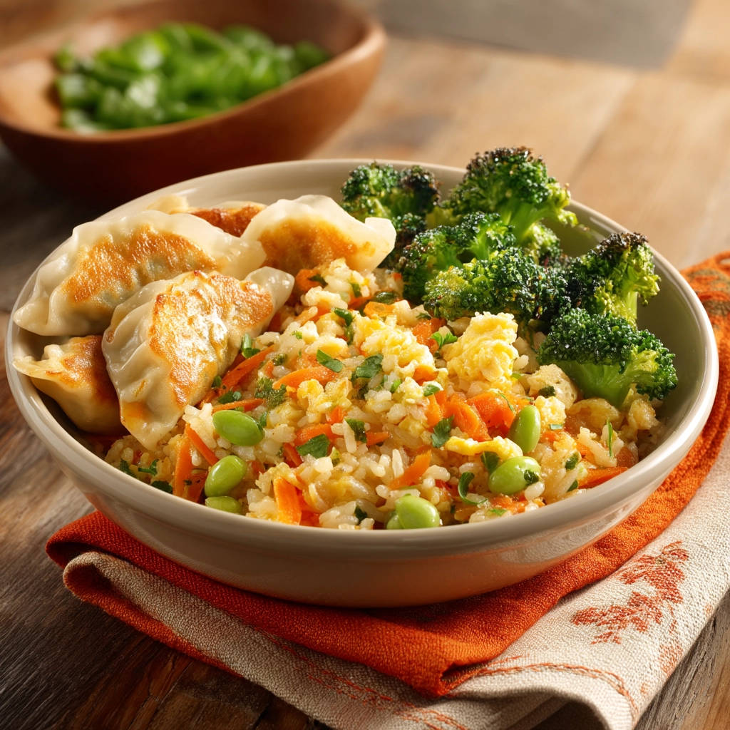 Simple veggie fried rice bowl served with pan-fried dumplings and steamed broccoli florets.