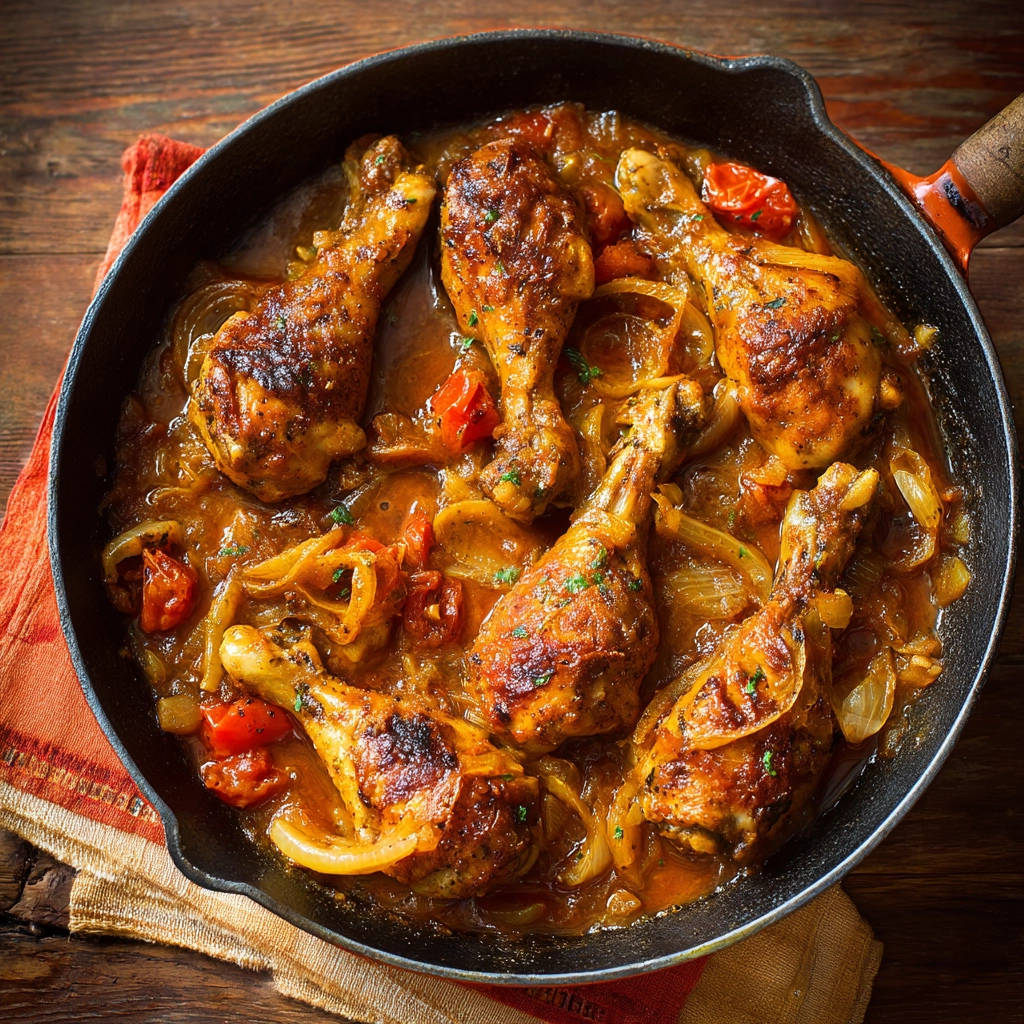 Skillet braised chicken drumsticks shown from an overhead view, nestled in a rich sauce with onions and tomatoes.