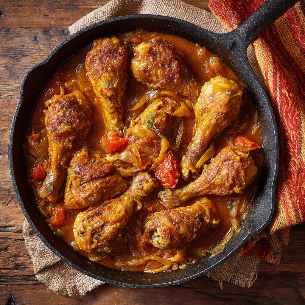 Skillet braised chicken drumsticks in a rich sauce, shown from a top-down view in a cast iron pan.
