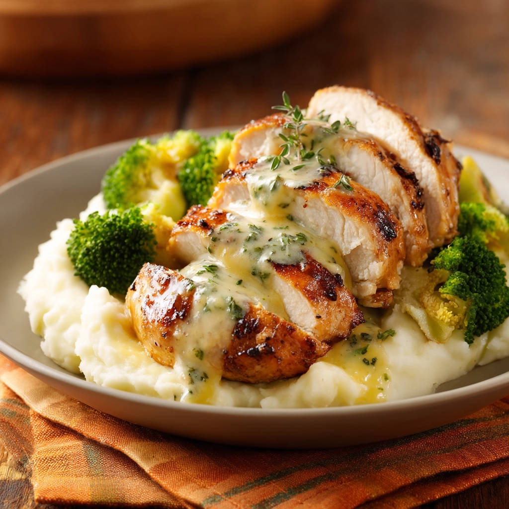 Skillet chicken creamy gravy served sliced on a bed of mashed potatoes with broccoli and a rich sauce.