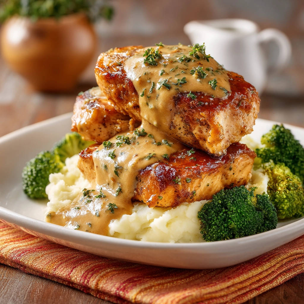 Skillet chicken creamy gravy stacked high on mashed potatoes and served with broccoli florets.