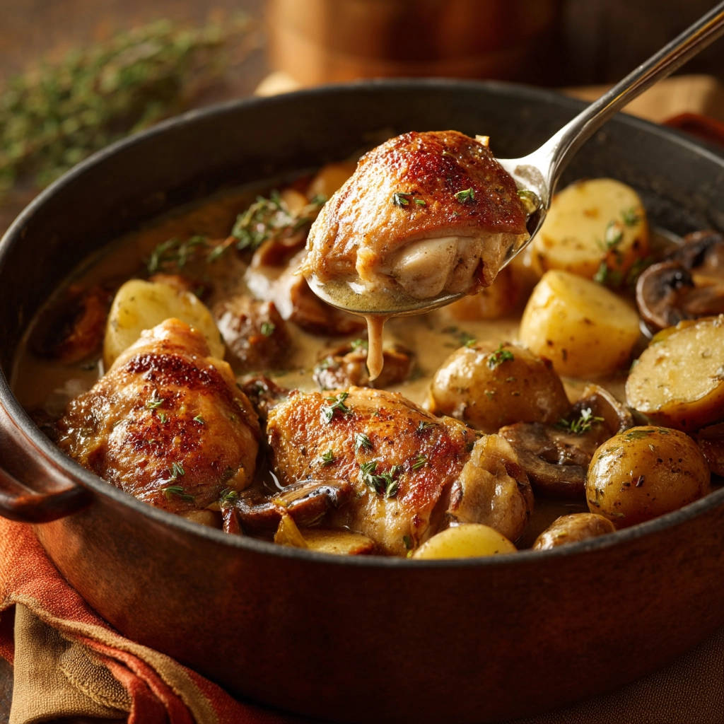 Skillet creamy chicken and potatoes with a spoonful of tender chicken and sauce being lifted out of the dish.