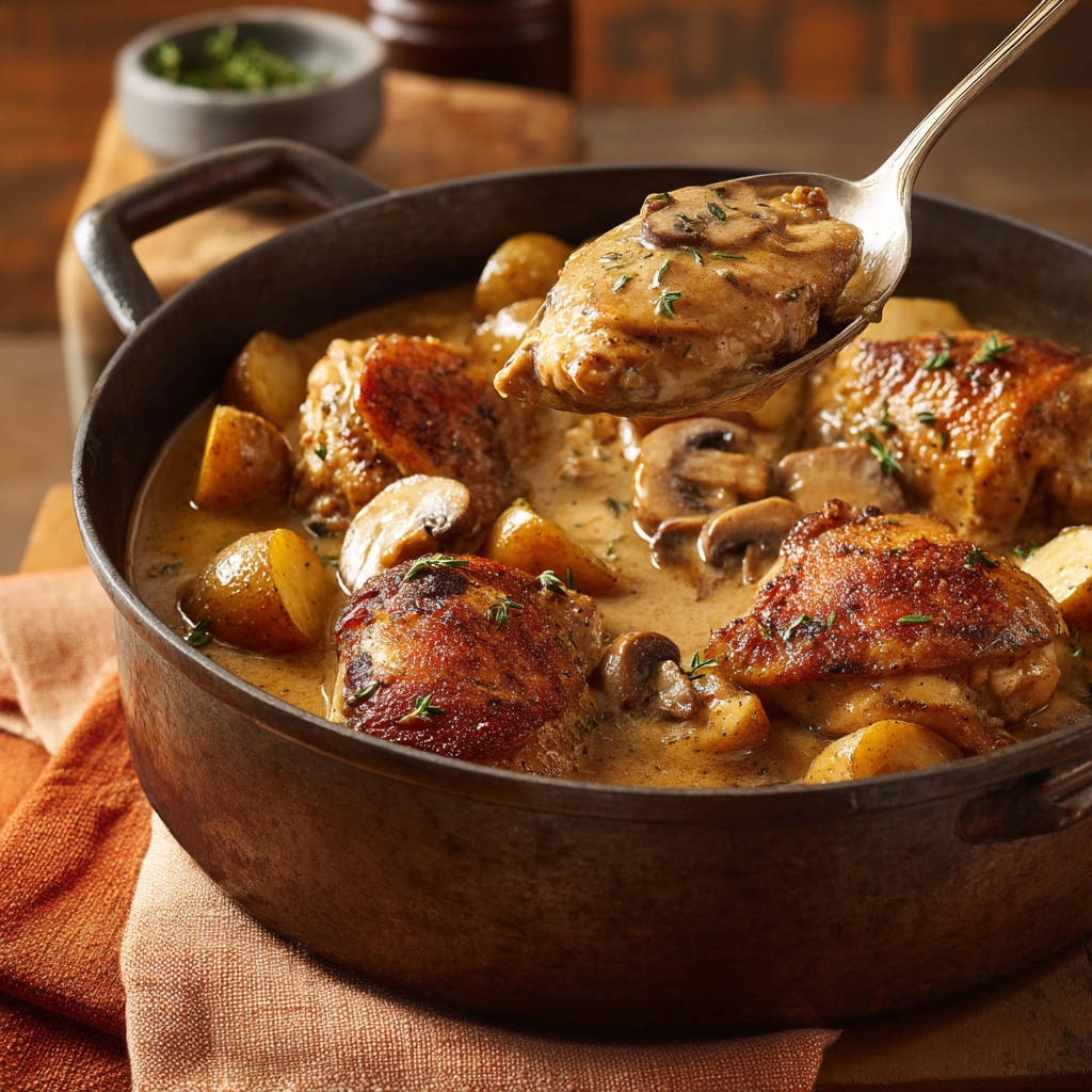 Skillet creamy chicken and potatoes with a spoonful being lifted to show tender chicken and creamy sauce.