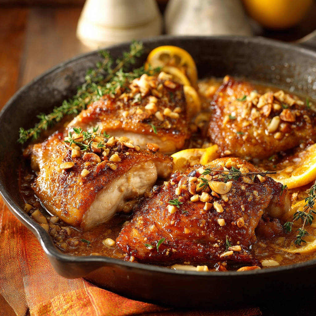 Juicy skillet lemon herb chicken with nuts, shown in a close-up with fresh thyme garnish and toasted nuts.