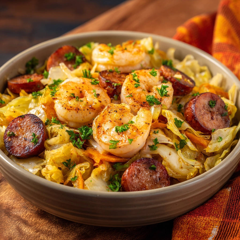 Skillet shrimp and sausage with cabbage served in a close-up view of a bowl, garnished with parsley.
