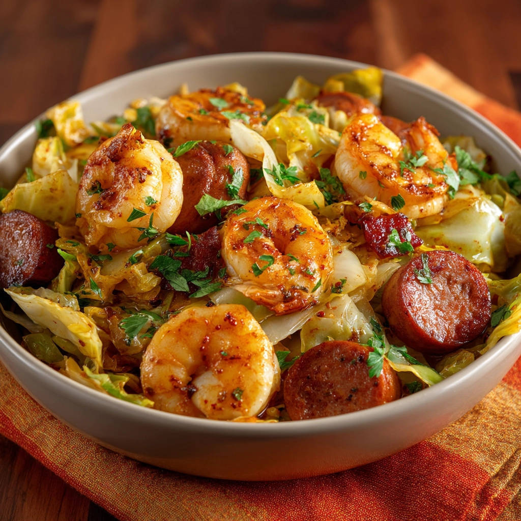 Skillet shrimp and sausage with cabbage served in a bowl, showcasing the ingredients up close.