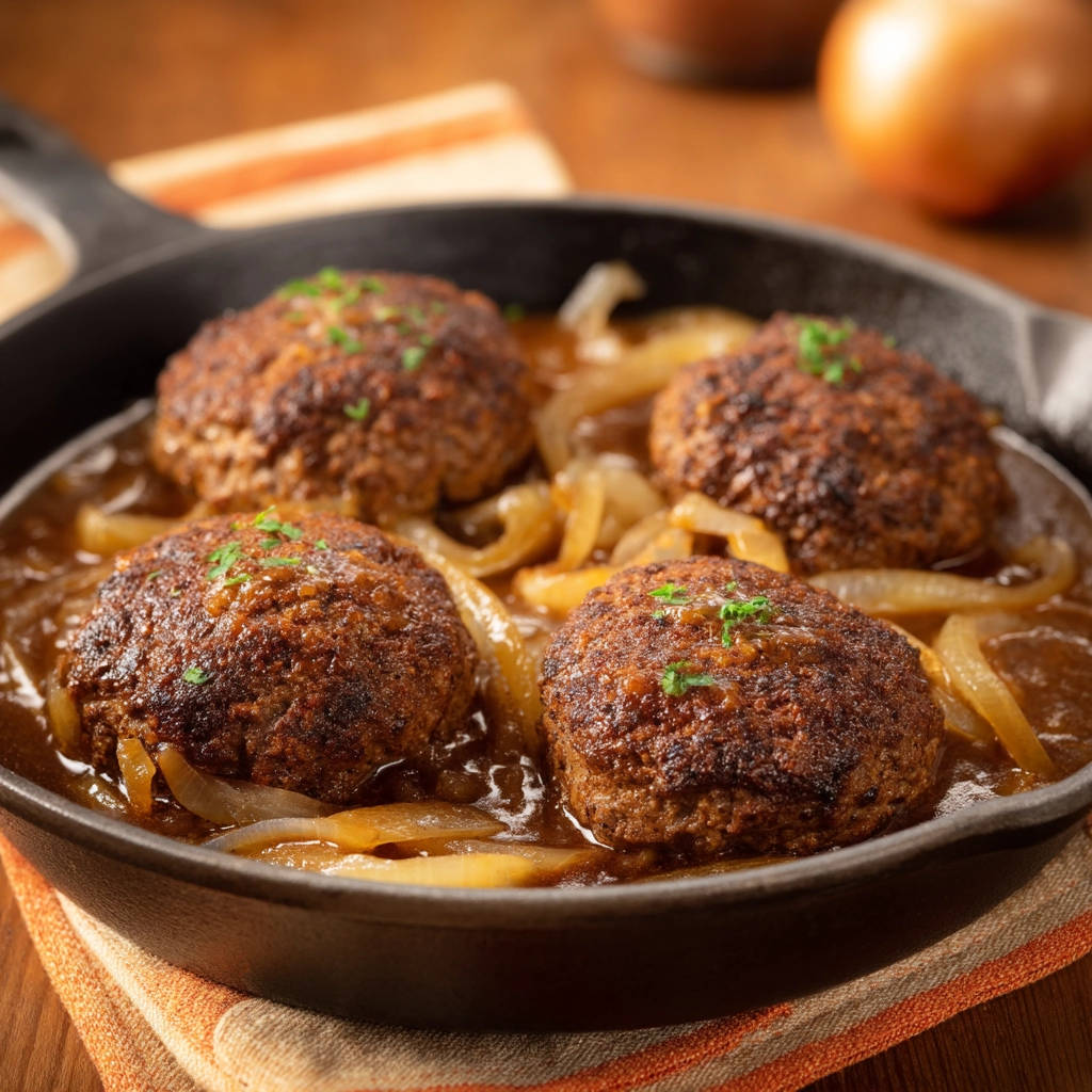 Skillet Smothered Steak Patties served in a cast-iron pan with sautéed onions and gravy, garnished with parsley.