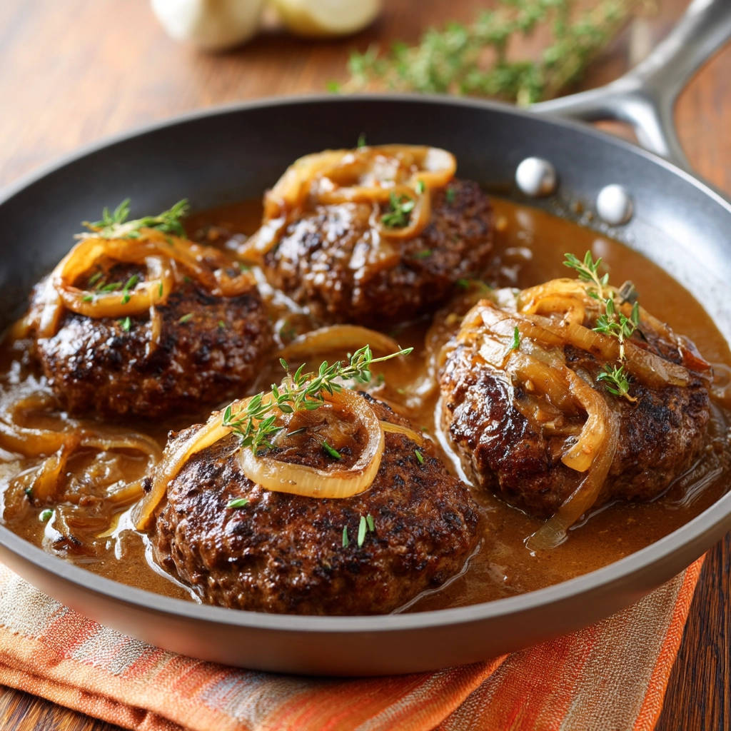 Skillet smothered steak patties in rich brown gravy, topped with sautéed onions and fresh thyme.