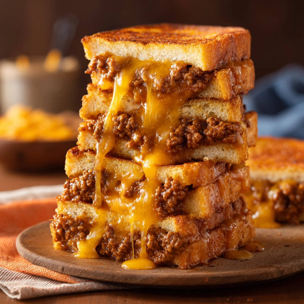 Sloppy Joe grilled cheese stacked high, showing a gooey cross-section of melted cheese and meat filling.