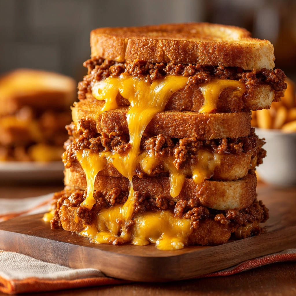 Sloppy Joe grilled cheese stacked high, showcasing layers of gooey melted cheese and hearty filling.