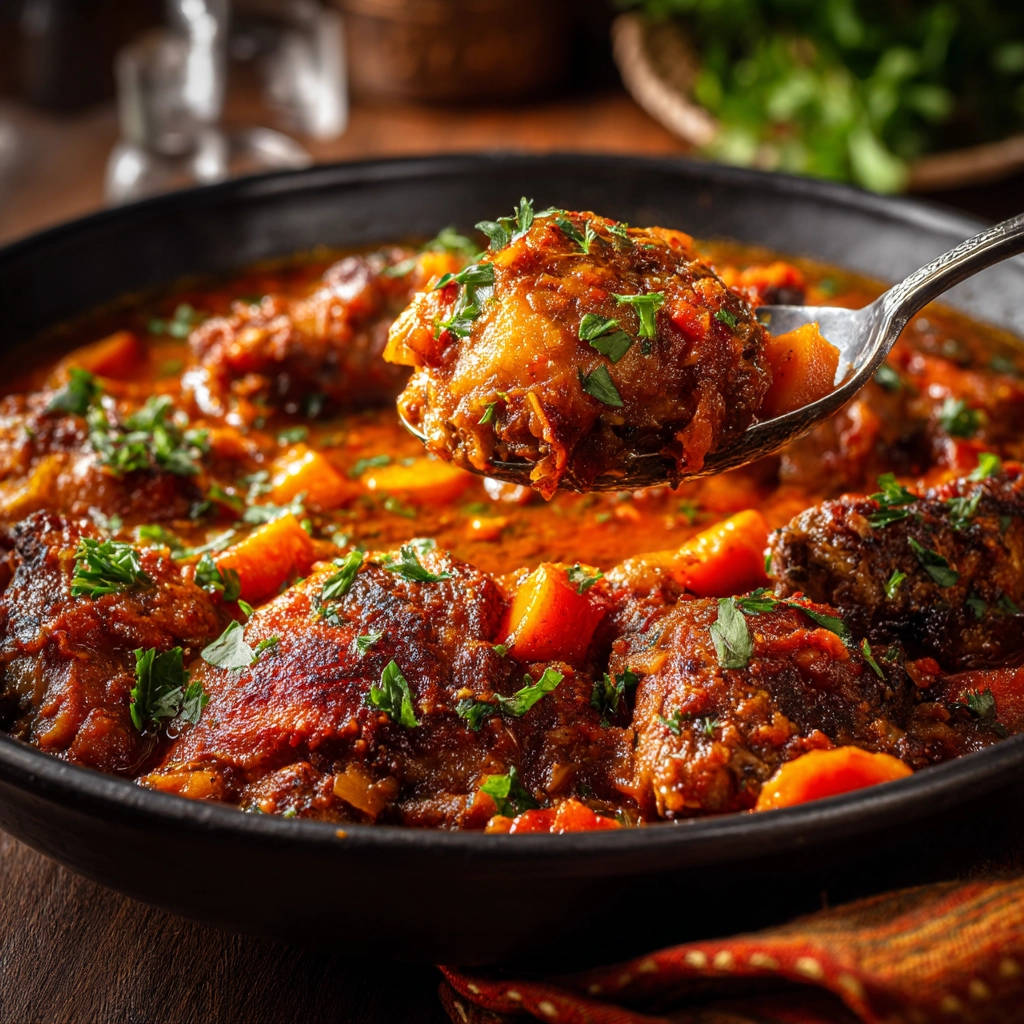 Slow-cooked comfort stew, fall-apart tender, shown in a close-up with a spoonful being lifted, garnished with fresh parsley.