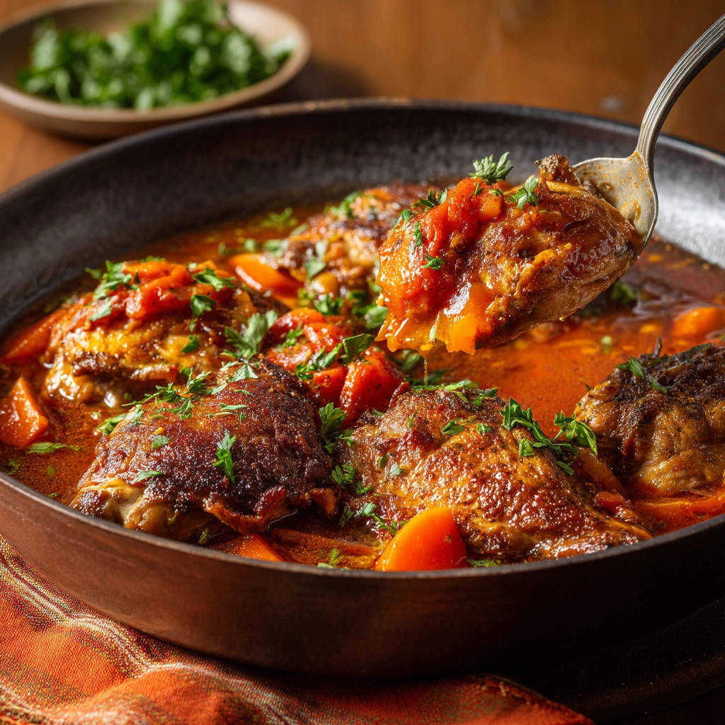 Slow-cooked comfort stew with a spoonful being lifted, showing tender chicken and rich tomato sauce.
