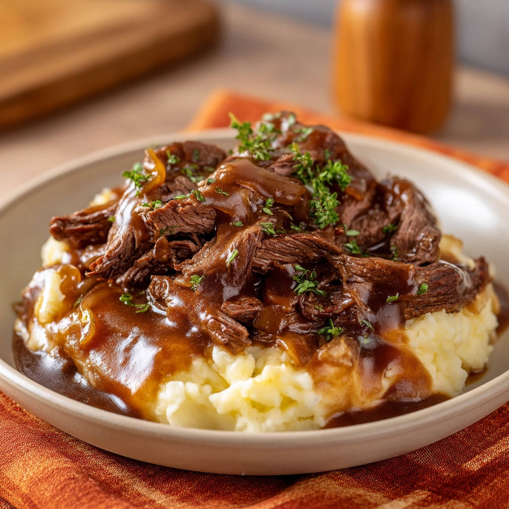 Slow cooker shredded beef served over mashed potatoes, generously topped with rich brown gravy and fresh parsley garnish.